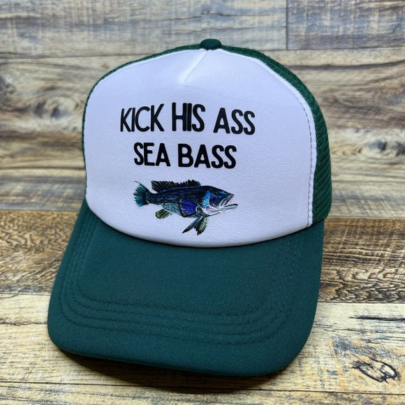 Dumb & Dumber Kick His Ass Seabass Mens Trucker Hat Green Snapback Fishing Cap - Picture 1 of 8